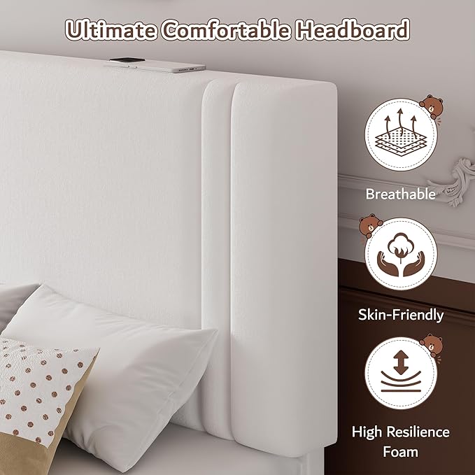 iPormis Twin Size Bed Frame with Velvet Upholstered Headboard & Thickened Legs, Twin Platform Bed Frame w/Solid Wooden Slats Support, Noise Free, No Box Spring Needed, White