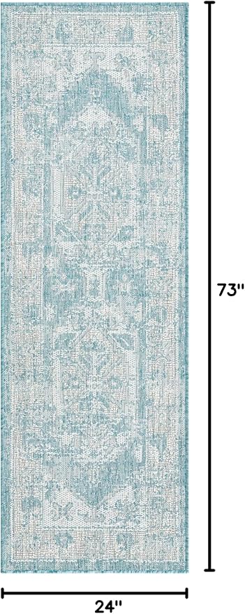 Unique Loom Outdoor Traditional Collection Area Rug - Valeria (2' x 6' 1" Runner, Aqua/ Ivory)