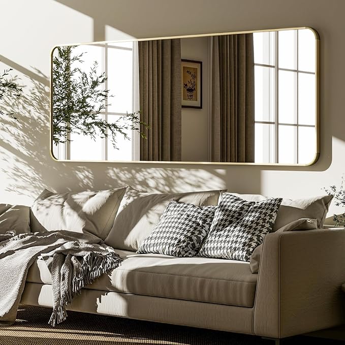 Round Corner Mirror Full Length, 66" x 23" Floor Mirror with Stand, Matte Aluminum Alloy Frame Full Body Mirror, Standing Hanging or Leaning for Bedroom and Living Room, Gold