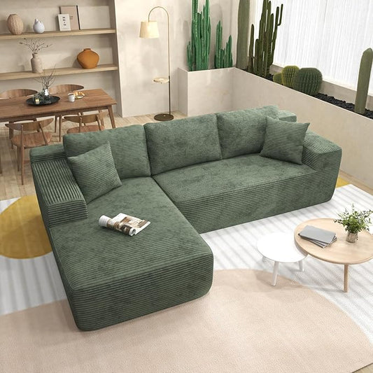 OC Orange-Casual 106.3" Cloud Sectional Couch with L-Shape Chaise,No Assembly Required Modular Sofa,Upholstered Boneless Couches for Living Room, Plush Corduroy Fabric (Green, Left Facing Chaise)