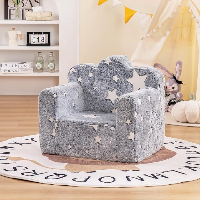 Tiita Kids Couch Plush Toddler Chair, Cloud-Like Glow in The Dark Kids Sofa Toddler Reading Chair with Washable Cover Carrying Handle, Convertible Children Sofa Chair for Girls and Boys