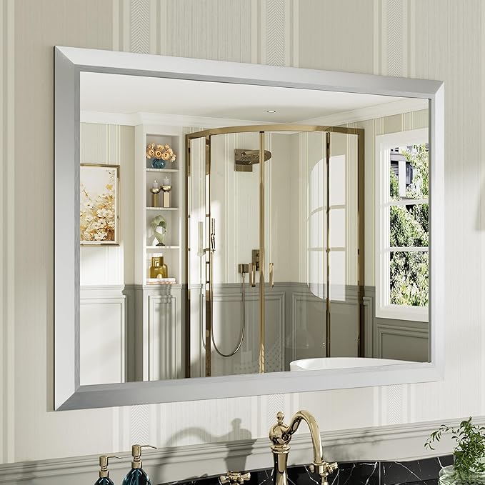 40x30 Inch Silver Bathroom Mirror for Wall, Thick Metal Framed Rectangle Mirrors for Over Sink, Bedroom, Living Room, Entryway, Anti-Rust, HD Tempered Glass