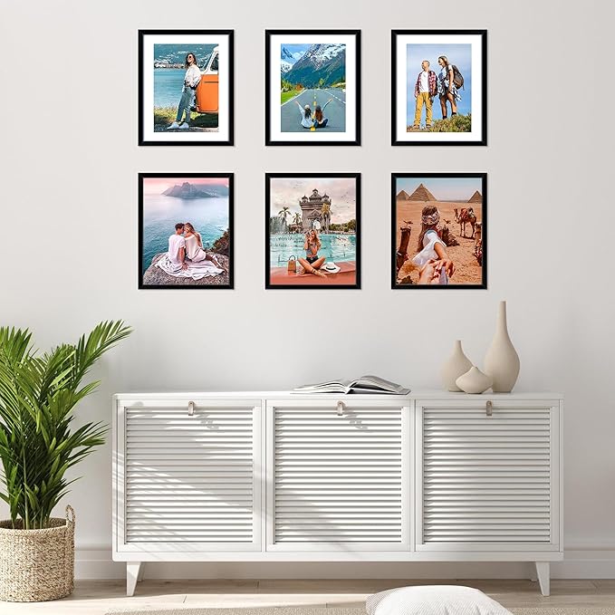 FIXSMITH 8x10 Picture Frame Set of 6, Black Photo Frames Bulk with HD Plexiglass, Display Pictures 5x7 with Mat or 8x10 Without Mat, Multi Picture Frames Collage for Tabletop or Wall Display