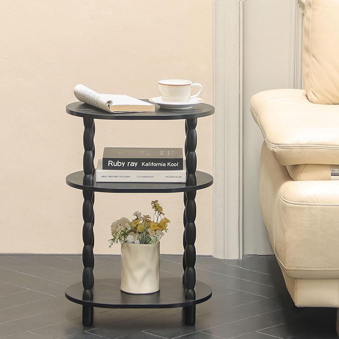 MaxSmeo Black Side Table, 3-Tier Small Oval End Table, Modern Night Stand Wood Accent Table for Living Room, Bedroom, Black