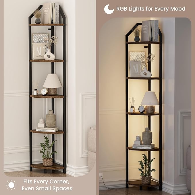 5-Tier Corner Shelf | 70 Inch Tall Bookshelf & Plant Stand, Heavy Duty Storage for Home Office & Living Room - Brown