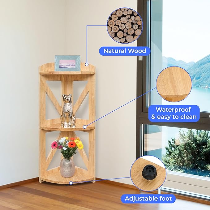 Corner Shelf Stand, Corner Bookshelf, Small Corner Shelves by Natural Wood, Plant Stand, Corner Bookcase for Living Room, Home Office, Bedroom, (Natural, 3 Tier)