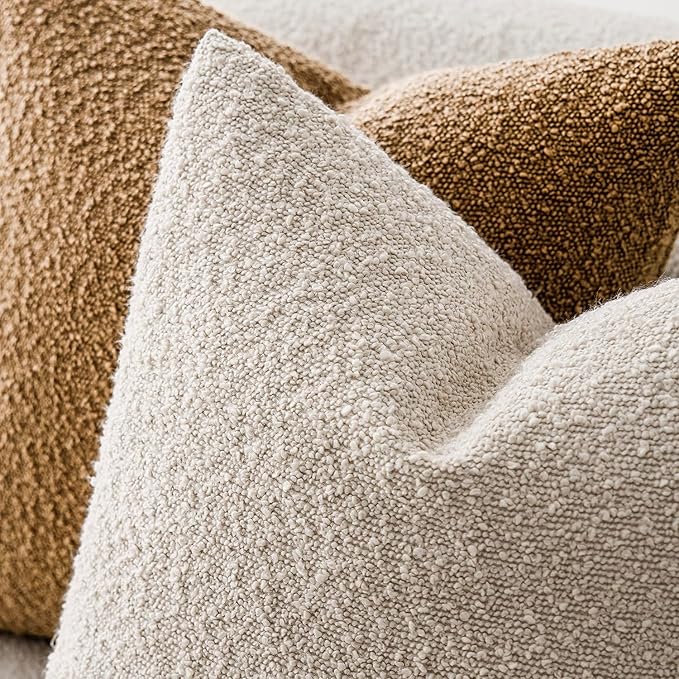 Foindtower Set of 2, Decorative Textured Boucle Throw Pillow Covers Accent Solid Pillow Cases Neutral Cozy Couch Cushion Case for Chair Sofa Bedroom Living Room Home Decor 26 x 26 Inch Ivory Beige