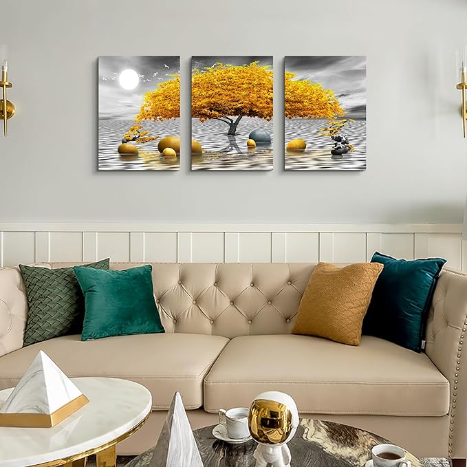 Wall decorations for living room Canvas Wall Art for bedroom Abstract wall decor Black and white Canvas Art Yellow tree paintings bathroom Home Decoration 3 Piece Hang Pictures Office Wall Artworks