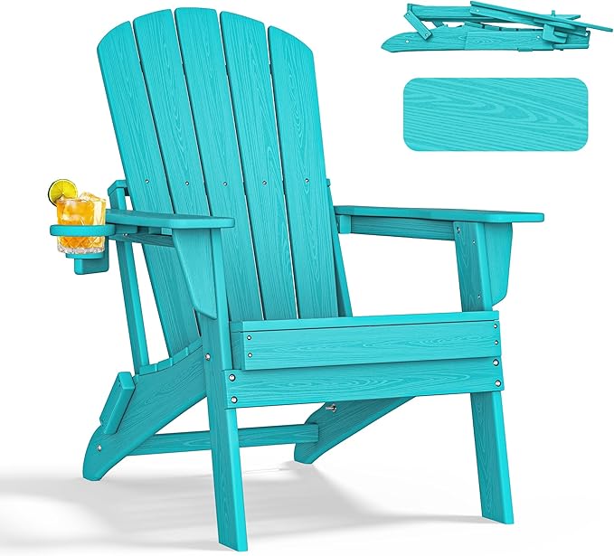 nevilywood Folding Adirondack Chair - Extended Ergonomic Backrest, Cup Holder - Easy Assembly - Durable HDPE Plastic, Weather Resistant & Maintenance-Free - Lawn, Patio, Deck Supports 380lbs Aruba