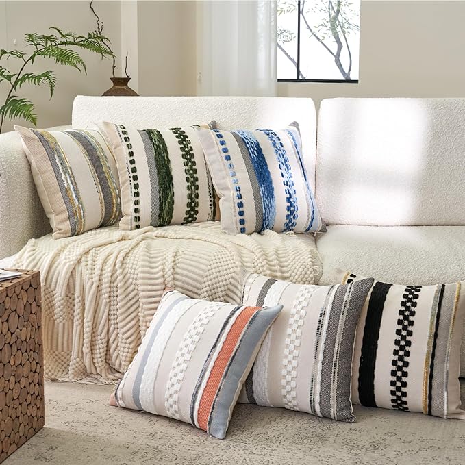 Aeckself Boho Throw Pillow Covers 18x18 Inch Set of 2, Farmhouse Decorative Striped Square Pillow Covers Chenille Tufted Pillow Cases Accent Neutral Pillowcase for Living Room Couch Bed, Yellow-Gray