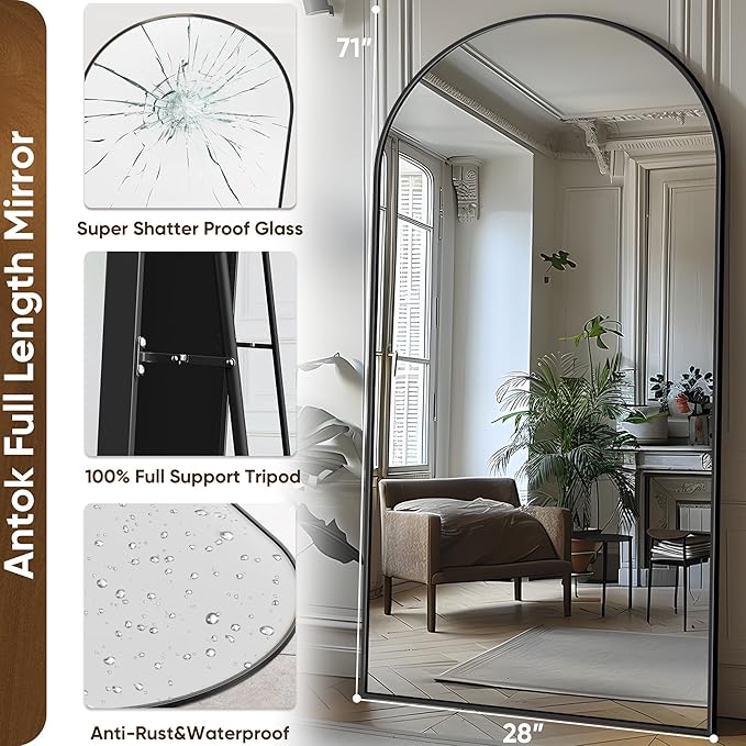 Antok Full Length Mirror, 71"x28" Floor Mirror with Stand, Hanging Mounted Mirrors for Bedroom, Living Room, Cloakroom, Dining Room, Black, Arched