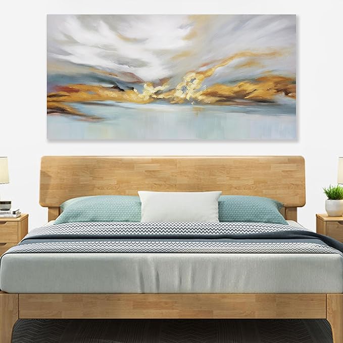 Glvzygy Modern Abstract Wall Art Wall Decorations Greyish White Gold and Blue Abstract Wall Art Canvas Abstract Wall Art for Living Room Bedroom Dining Room Home Office Decor 24"x48"