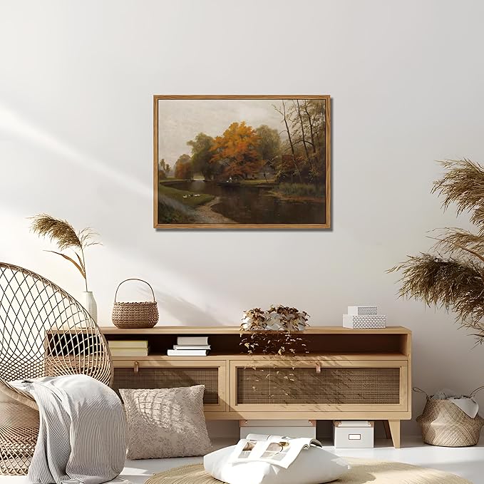 Floating Framed Canvas Wall Art Decor – Vintage Autumn by the Water Landscape Paintings Prints, Nature Countryside Pictures Wall Decor for Living Room Bedroom Office Decoration 12x16 inch