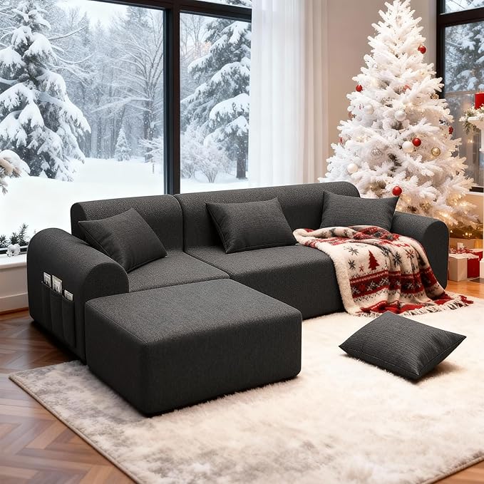 105.5” Cloud Boneless Sectional Sofa for Living Room, L-Shaped 4-Seater Modular Couch with Ottoman & 4 Pillows, Deep Seat Chenille Fabric Sofa, No Assembly, 72H Full Restore, Grey