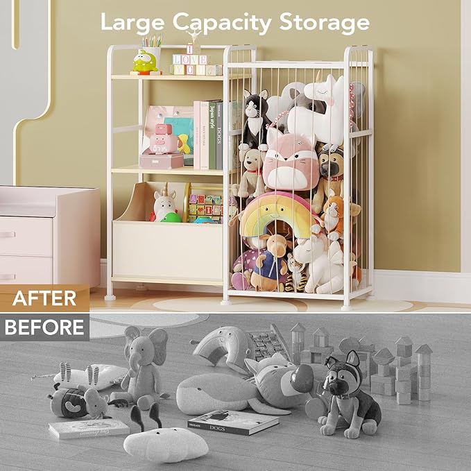 BBLIKE Stuffed Animal Storage - Stuffed Animal Net with Kids Bookshelf and Toy Organizer, 2-Tier White Bookshelf with Stuffed Animal Holder and Fabric Toy Chest for Kids Room, Playroom, Nursery, Beige