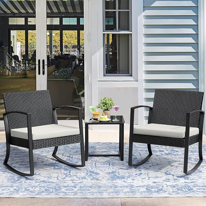 Homall Patio Furniture Set 3 Piece Resin Outdoor Bistro Set Rocking Patio Chairs with Cushions and Table for Porch, Poolside, Balcony and Yard (White)
