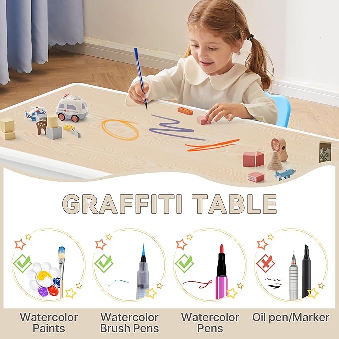 Kids Study Table and Chairs Set, Height Adjustable Toddler Table and Chair Set for Kids Ages 3-8, 31.5" L x 23.6" W Graffiti Desktop Plastic Children Art Table with 4 Seats