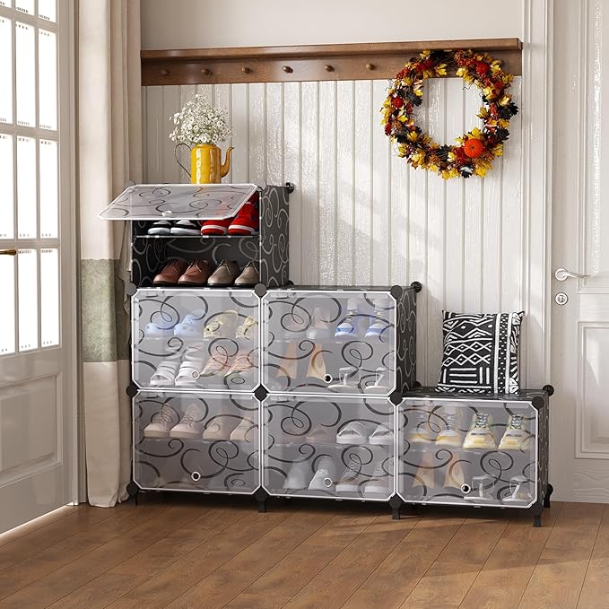 AWTATOS Shoe Rack, 6 Tier Shoe Storage Cabinet with Door, 24 Pair Shoe Organizer Shelves for Closet Hallway Bedroom Entryway, Black