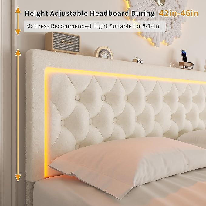 Full Bed Frame with 4 Storage Drawers, Velvet Upholstered Bed Frame Full Size with Charging Station and LED Lights, 46" Adjustable Button Tufted Headboard, No Box Spring Needed, Beige