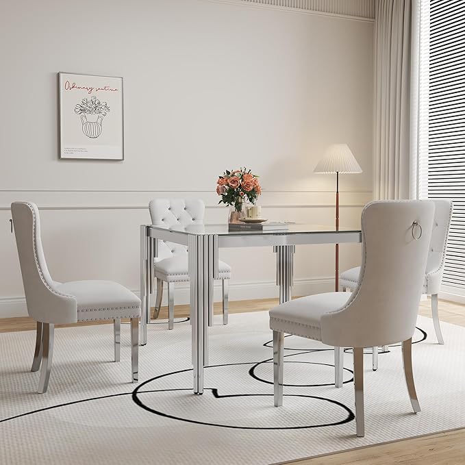 5 Piece Glass Dining Table Set, Morden Kitchen Table Set for 4 with 35" Clear Glass Dining Table and 4 White Velvet Upholstered Chairs for Kitchen, Silver Legs