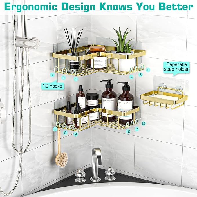 YASONIC Corner Shower Caddy, 3-Pack Adhesive Bathroom Caddy with Soap Holder and 12 Hooks, Rustproof Stainless Steel Shower Organizer, No Drilling Wall Mounted Shower Rack, for Bathroom, Gold
