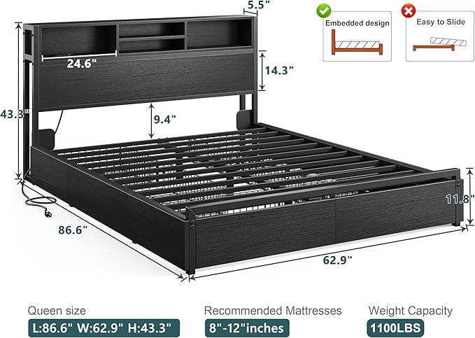 EnHomee Queen Bed Frame with 6 Storage Drawers Queen Size Bed Frame with Headboard, Storage Bed with Charging Station, No Noise,No Box Springs Needed,Black
