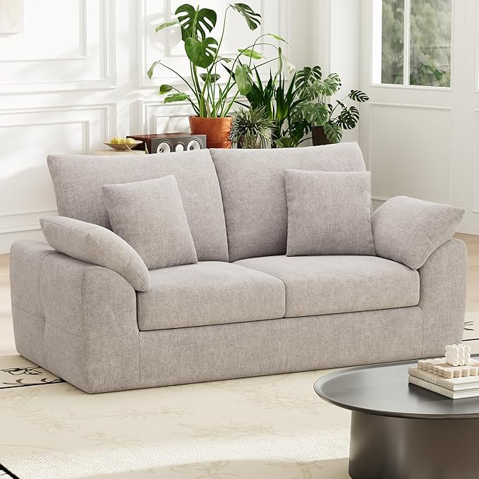 76" Boneless Loveseat Sofa, Cloud Foam Couch, 3 Seater Upholstered Midcentury Mondern Love Seat, Wide Armrest and 4 Pillows for Home Living Room/Small Spaces, No Assembly Required, Camel