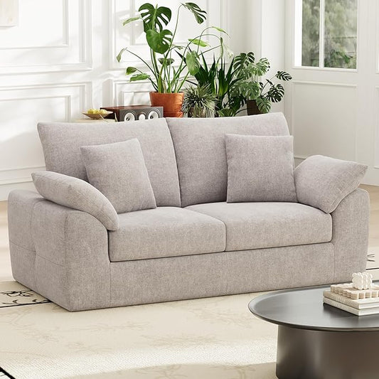 76" Boneless Loveseat Sofa, Cloud Foam Couch, 3 Seater Upholstered Midcentury Mondern Love Seat, Wide Armrest and 4 Pillows for Home Living Room/Small Spaces, No Assembly Required, Camel