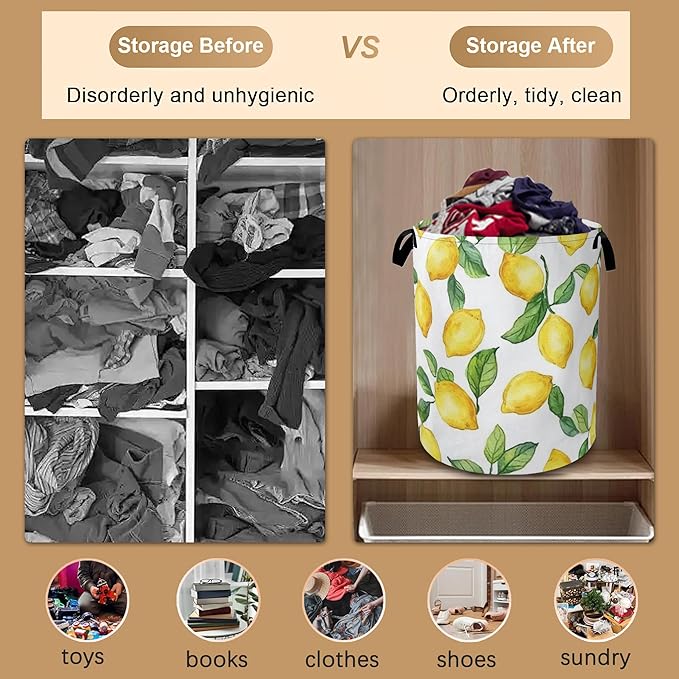 Lemon Laundry Basket,Leaves Collapsible Laundry Baskets with Handles,Waterproof Oxford Cloth Storage Basket 16"x20" for Bathroom/Bedroom/Dormitories