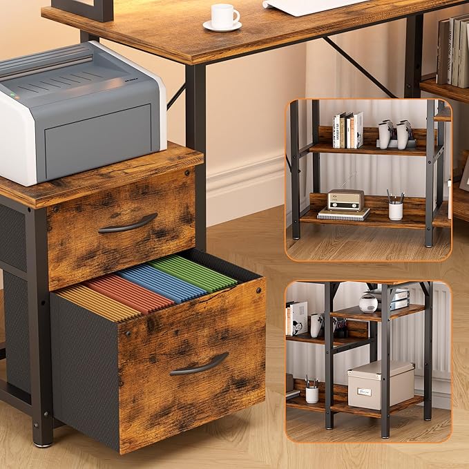 67'' L Shaped Compuer Desk with Drawers, Large Gaming Desk with File Drawer & 2 Monitor Stands, Corner Desks for Home Office, Rustic Brown