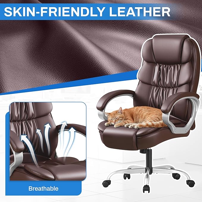Furmax Leather High Back Office Chair Ergonomic Executive Office Chair Swivel Computer Desk Chair Lumbar Support Soft Cushioned Padded Arms (Brown)