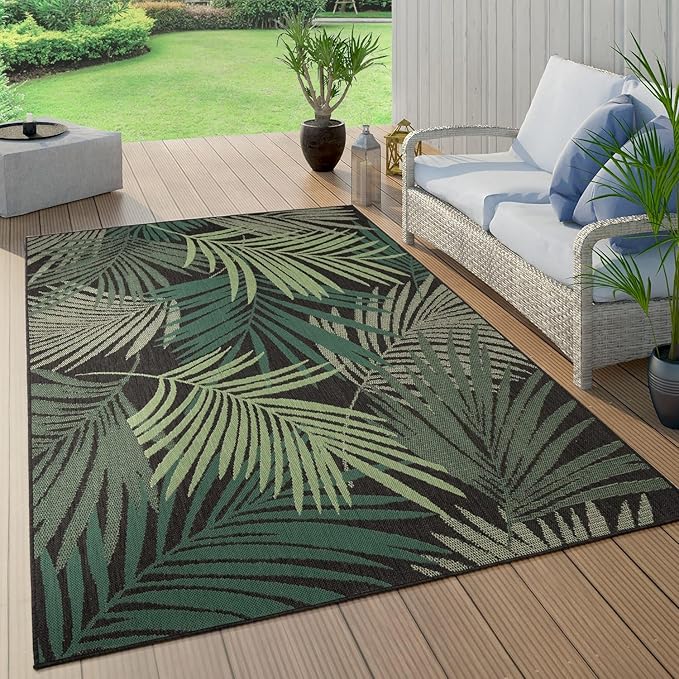Paco Home Indoor & Outdoor Rug Flat-Weave Jungle Floral Palm Trees Design Black Green, Size: 7'10" x 11'2"