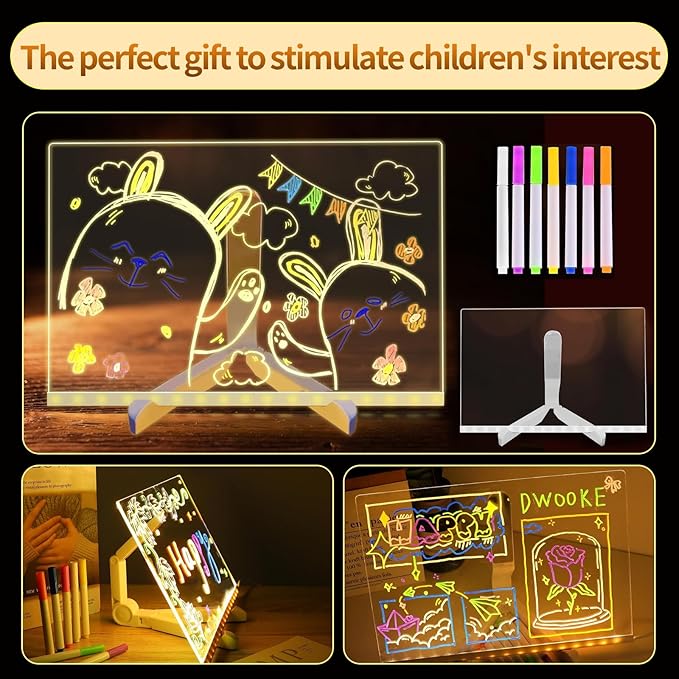 Acrylic Dry Erase Board with Light, 11.8"x7.9" 7 Colors Pen Neon Glow Memo LED Light-Up Message Note Board with Stand as Night Light,Led Message Board Placement at Home Company and Bar