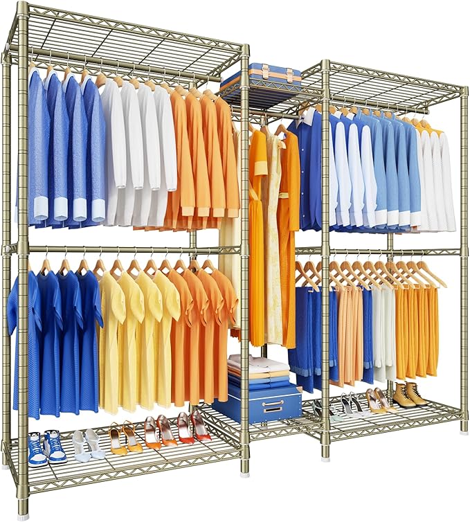 Ulif E12 Clothes Rack，Heavy Duty Freestanding Garment Rack with Shelves，Metal Clothing Closet Storage System for Hanging Clothes，71" W x 16" D x 76.5" H, Hold 960 lbs，Gold