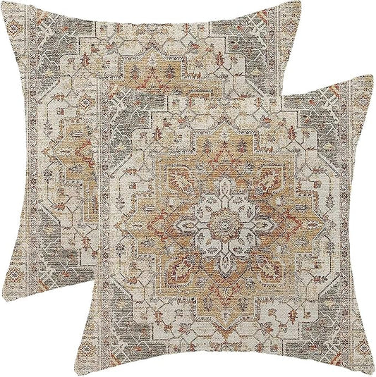 Boho Khaki Nature Throw Pillow Covers 18x18 Inch Set of 2, Carpet Pattern Neutral Decorative Throw Pillow Covers Bohemia Khaki Linen Outdoor Cushion Cover for Sofa Couch Farmhouse Room Decor