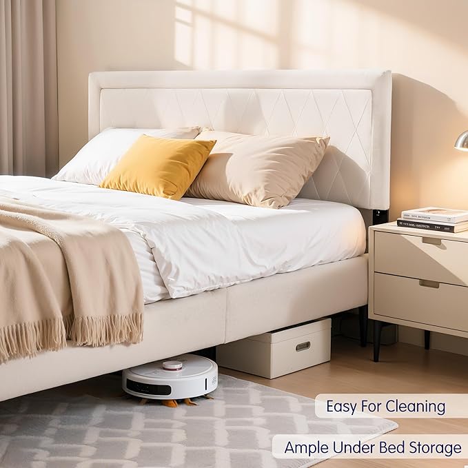 Hokway Bed Frame Upholstered Platform Bed with Headboard Wooden Slat Support No Box Spring Needed(Queen, Soft Beige)