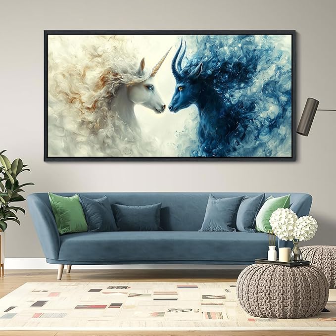 HKDGOKA Large Canvas Wall Art, Blue and White Gradient Abstract Animals Paintings Light and Dark Opposition Style Prints Pictures for Bedroom Living Room Kitchen Home Decor 29x58 IN