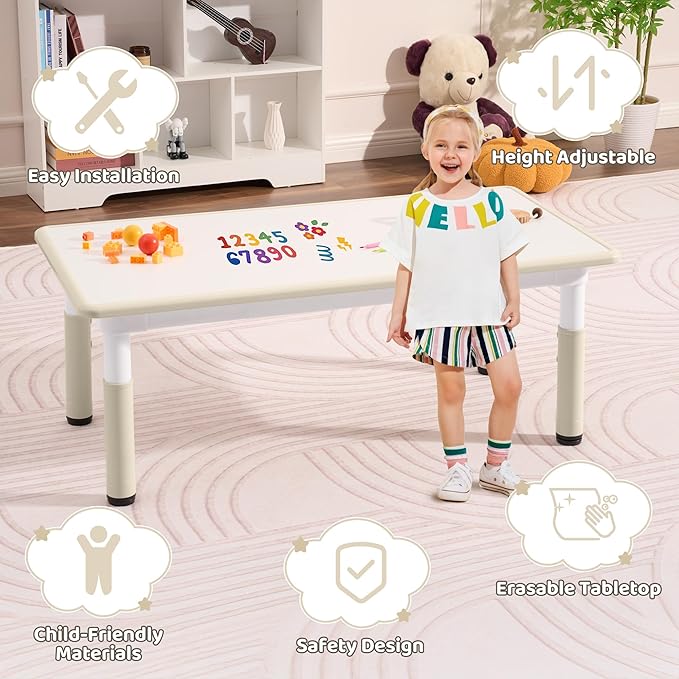 Toddler Table, 7 Level Height Adjustable Kids Play Furniture for Ages 3-8, Rectangular Plastic, 23.6" W x47.2 L, Multi-Activity Desk with Graffiti Desktop for Home & Daycare