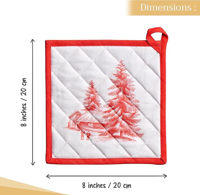 Maison d' Hermine Pot Holders Set 100% Cotton Heat Resistant Potholders 8" x 8" Hot Pads with Loop for Thanksgiving Christmas Decorations BBQ Cooking Baking Handling Hot Pans (Pack of 2, Winter Jouy)
