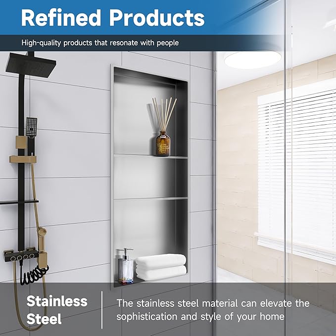 12" X 30" Shower Niche Insert Tile Ready, Niche for Shower Wall, 3-Tier Stainless Steel Recessed Shelves No Tile Needed for Bathroom Storage, Brushed Nickel