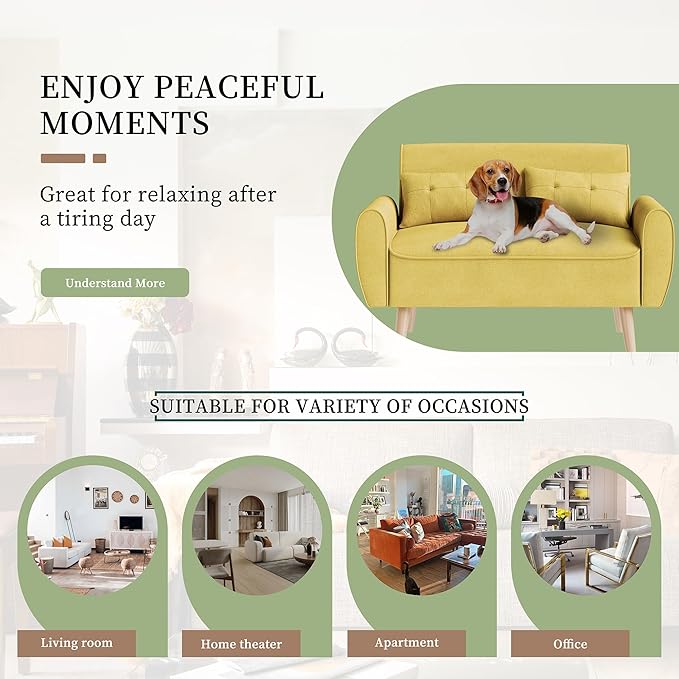 Vongrasig 47" Small Modern Loveseat Sofa, Mid Century Linen Fabric 2-Seat Sofa Couch Tufted Love Seat with Back Cushions and Tapered Legs for Living Room, Bedroom and Small Space (Yellow)