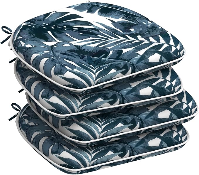 Set of 4 Outdoor Chair Cushions with Ties,Water Repellent Patio Chair Pads 17"x 16" for Outdoor Furniture,Round Corner Seat Cushions for Garden Yard Kitchen Palm Blue