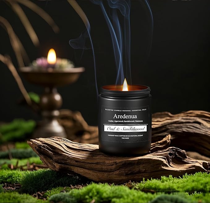 Oud & Sandalwood Candle, Manly Scented Candles for Men, Masculine Candle, Aromatherapy Gifts for Men - 7oz Soy Candles for Home Scented, 50 Hours Burn Time, Perfect for Relaxing Home Fragrance