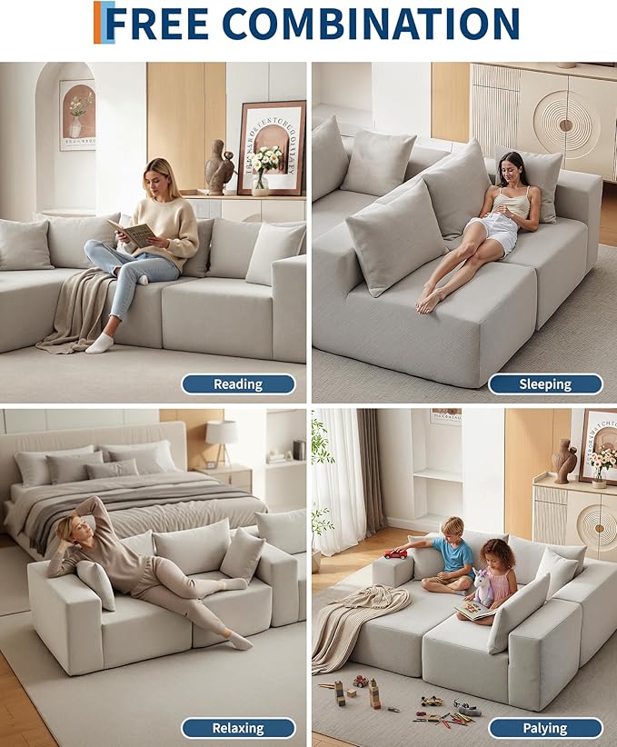 108" Modular Sectional Sofa,Cloud Couch Sectional with Right Chaise | Fluffy Compressed l Shaped Sofa for Living Room | Boneless Couch & Sofa Bed Design,No Assembly Required, Beige