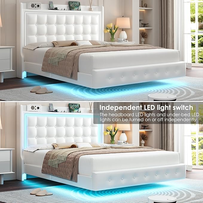 Keyluv Upholstered Full Floating Bed Frame with LED Lights and Charging Station, Pu Leather Platform Bed with Button Tufted Storage Headboard, Type-C & USB Charging Ports, No Box Spring Needed, White
