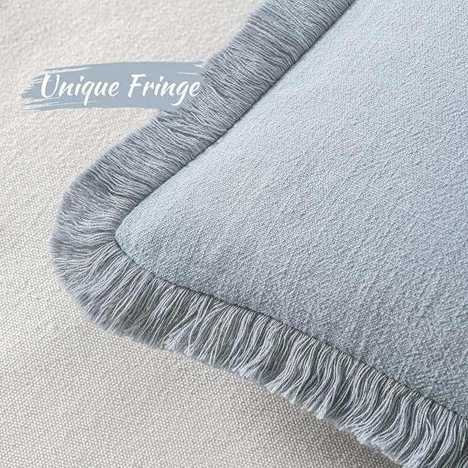 MIULEE Decorative Throw Pillow Covers Neutral Linen Fringe Throw Pillows Set of 2 Sky Blue Boho Farmhouse Cushion Covers for Couch Sofa Bed Living Room Spring Home Decor 18x18 Inch