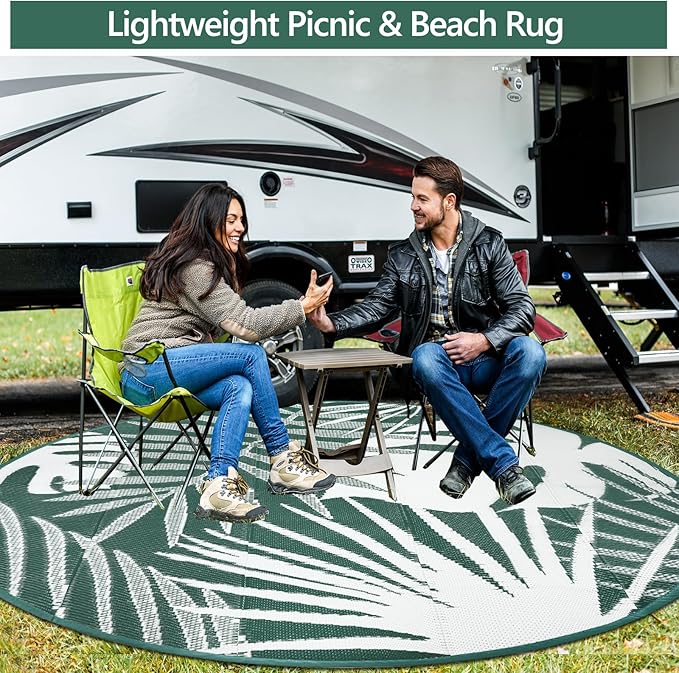 Waterproof Outdoor Rug 6x6 ft, Reversible Plastic Straw Mat with Leaf Pattern, Round Floor Mat for Patio, Camping, Picnic, Backyard RV, Deck, Dark Green