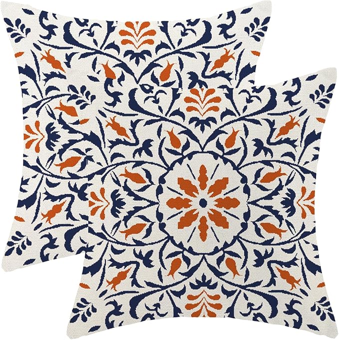 Navy Blue Orange Boho Pillow Covers 18x18 Set of 2, Bohemian Ethnic Carpet Pattern Design Decorative Throw Pillows Linen Blue Print Farmhouse Cushion Pillow Covers for Sofa Couch Outdoor Decor