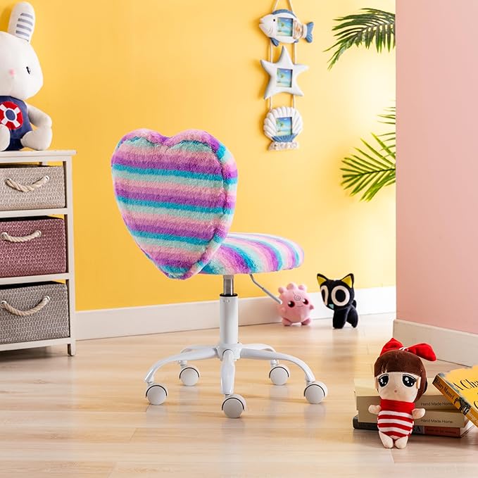 Kmax Kids Reading Chair, Rolling Cute Desk Chair for Girls Swivel Office Chair with Wheels & Heart Back Adjustable Childrens Vanity Chair for Bedroom Reading Room - Faux Fur, Rainbow