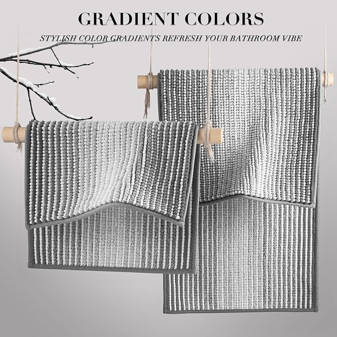 BSICPRO Bathroom Rugs and Mats Sets, 2 Piece Thick Absorbent Chenille Bath Mat Rug Set Non Slip, Soft Shaggy Bath Room Floor Mats for Bathroom, Machine Washable (Gray, 24" x 70" Plus 20" x 32")